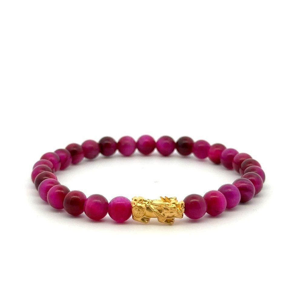 24K Gold Dragon Pixiu Bracelet Gemstones Pink Tiger's Eye 5-6mm Size 6.5